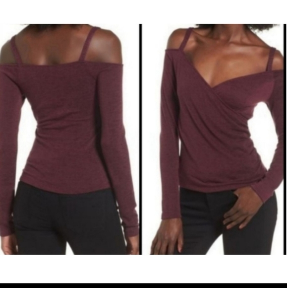 Leith Cold Shoulder Faux Wrap Top Burgundy Size Small - Picture 9 of 9